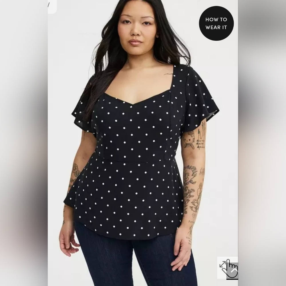 New Torrid 2X(18/20) Sweetheart Flutter Sleeve Peplum Top- Black w/Wht Dots NWT